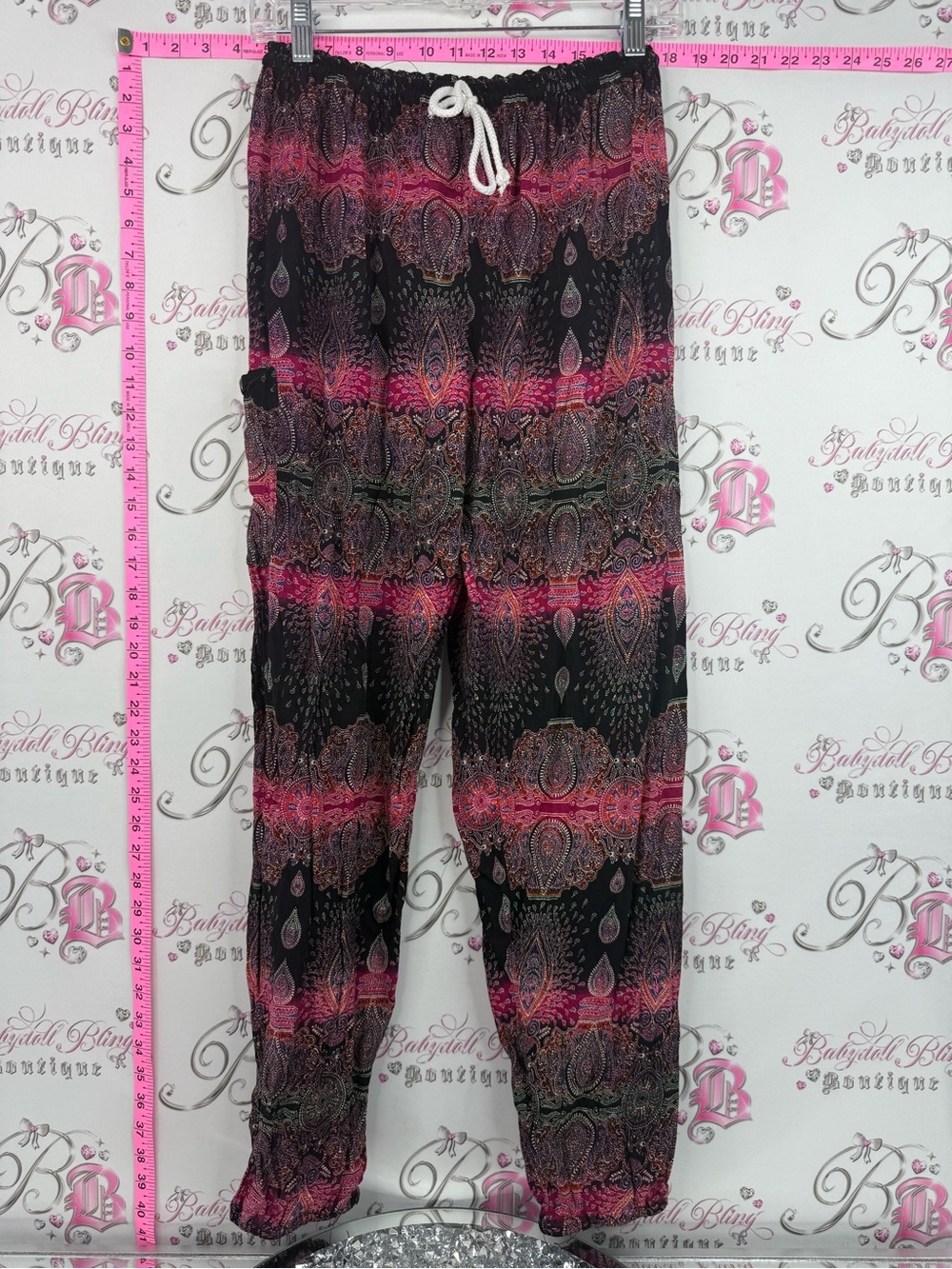 Bolli imports Thailand pants Boho Paisley Drawstring cotton Joggers Black Pink
